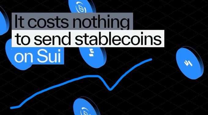 The image features a black background with blue text that reads "It costs nothing to send stablecoins on Sui". The text is positioned above a line of blue coins, which are scattered across the image. The overall layout suggests an advertisement or promotional message related to cryptocurrency and stablecoin transactions.