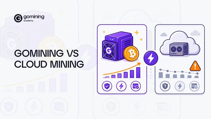 A GoMining Academy graphic titled "GOMINING VS CLOUD MINING" comparing two mining setups with illustrations of crypto mining rigs and charts.