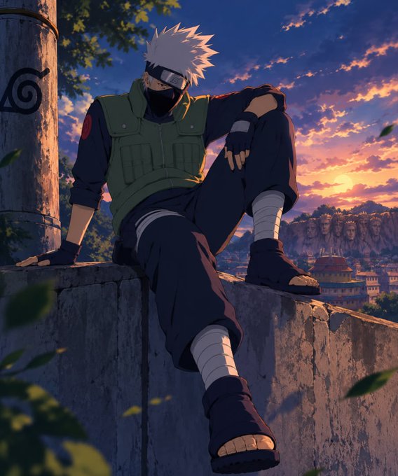 An anime-style illustration of Kakashi Hatake from Naruto sitting casually on a stone wall at sunset, wearing his signature mask, green flak vest, and headband.