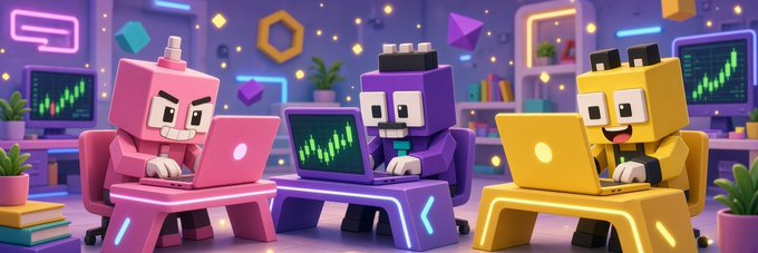 Three blocky, cartoon-style characters in pink, purple, and yellow sit at desks working on laptops displaying green stock charts, set in a colorful room.