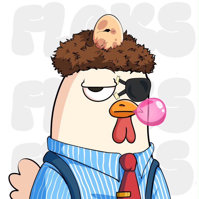 A cartoon chicken wearing a blue striped shirt, red tie, and an eye patch blows a pink bubblegum bubble while an egg hatches atop its fuzzy brown hair. The whimsical mascot humorously represents the NFT project's "Barn" contribution system, where new users begin their journey by hatching an egg through completing activities.