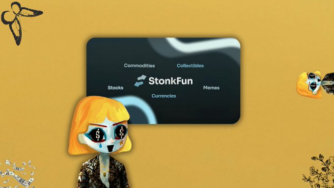 A promotional graphic for 'StonkFun' features categories like 'Stocks', 'Currencies', and 'Memes', with cartoon characters displaying dollar signs in their eyes.