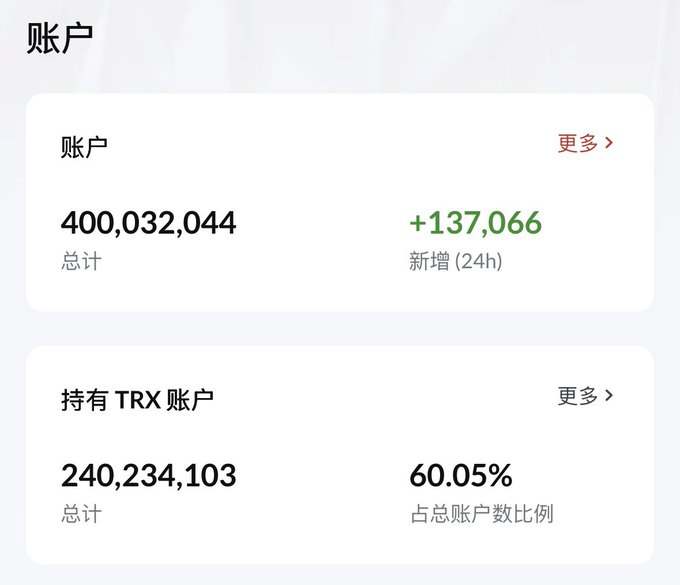 A Chinese-language account dashboard showing a total of 400,032,044 accounts with 137,066 new in the last 24 hours, and 240,234,103 TRX-holding accounts representing 60.05% of the total.