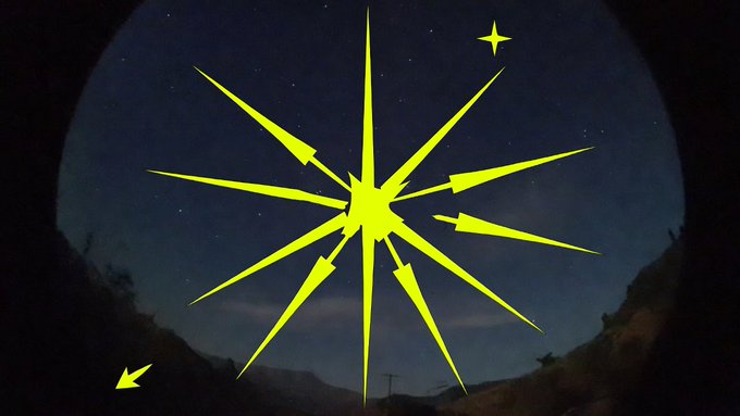A yellow starburst or sparkle design with a central star and radiating arrows is superimposed over a photograph of a starry night sky above silhouetted mountains.