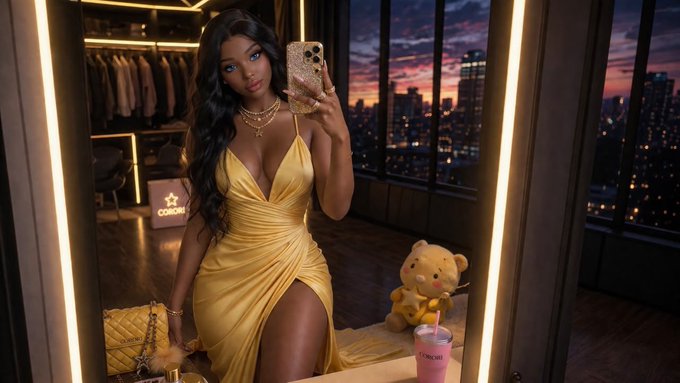A woman in a yellow dress takes a mirror selfie with a phone in a luxurious room overlooking a city skyline at dusk, with a teddy bear and a Coral water bottle nearby.