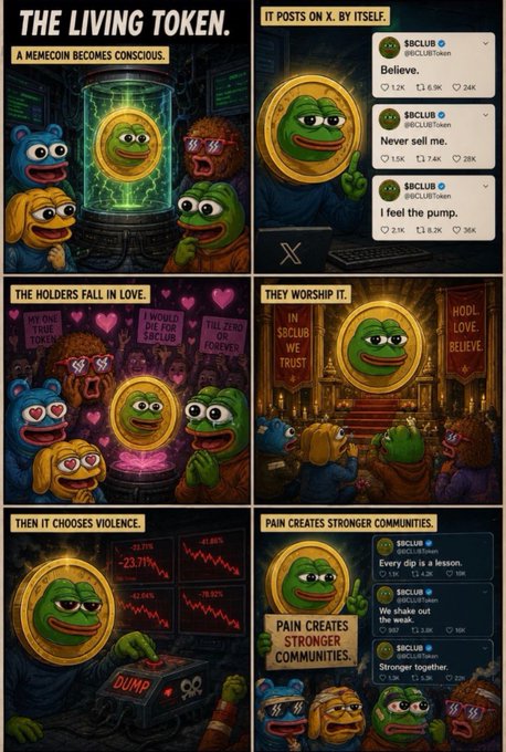The image is a comic strip featuring six panels, each depicting a different scene related to the concept of "The Living token". In one panel, a group of cartoon characters are gathered around a large green coin with a gold emblem on it. The coin appears to be the source of their power or magic. Another panel shows the characters using the coin for various purposes such as creating communities and sharing information. A third panel depicts the characters discussing how they can use the coin to create stronger, more connected communities. In another panel, the characters are shown using the coin to share information with others in a digital age. The final panel shows the characters using the coin to spread positivity and love throughout their community.