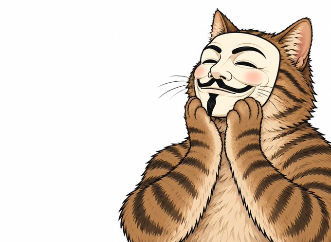 An illustration of a contented tabby cat wearing a Guy Fawkes mask, resting its paws on its cheeks.