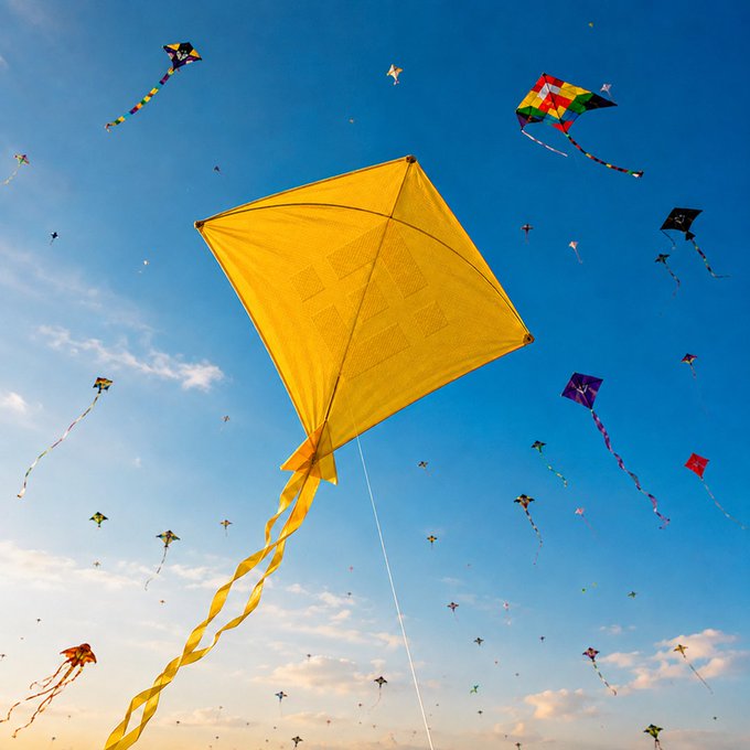 A bright yellow kite dominates a blue sky filled with dozens of colorful kites of various shapes and sizes. The image visually echoes the post's metaphor about reading signals in the sky, symbolizing the multiple market cues traders must interpret—much like navigating the crowded airspace—while promoting Binance India.