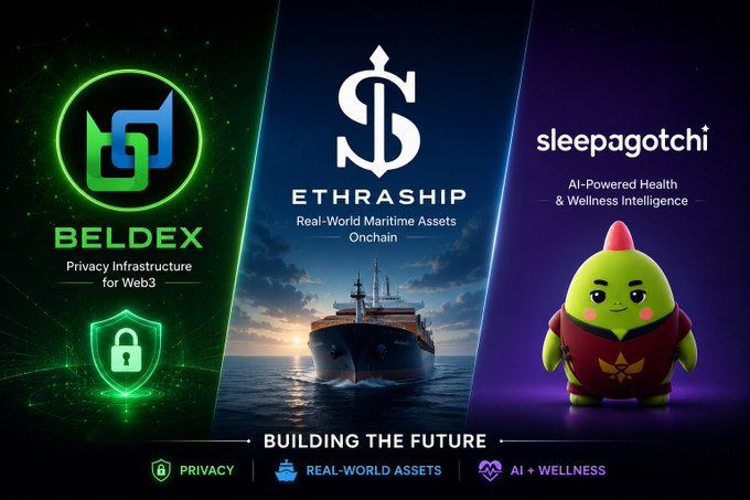 A promotional banner for 'BUILDING THE FUTURE' featuring three projects: 'BELDEX Privacy Infrastructure for Web3', 'ETHRASHIP Real-World Maritime Assets Onchain', and 'sleepagotchi AI-Powered Health & Wellness Intelligence'.