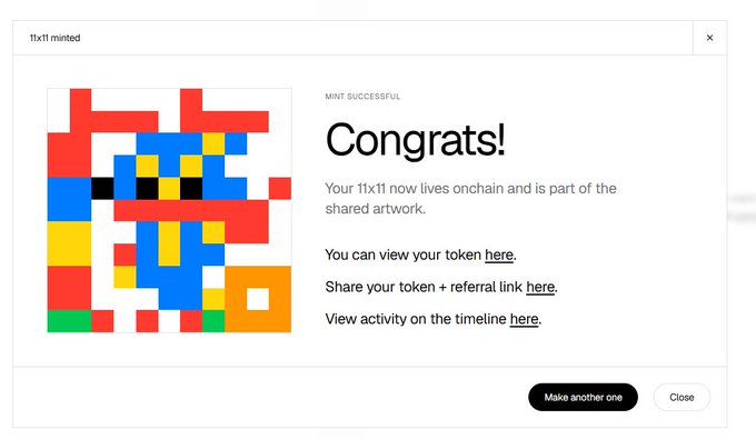 A confirmation screen titled "1x11 minted" showing a pixelated NFT artwork with the text "MINT SUCCESSFUL", "Congrats!", and links to view, share, and check timeline activity, with options to "Make another one" or "Close".