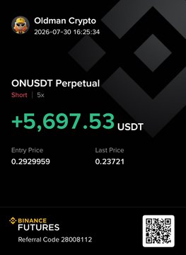 A Binance Futures trade screenshot by "Oldman Crypto" dated 2026-07-30 shows a profitable 5x short on the ONUSDT Perpetual pair, gaining +5,697.53 USDT with an entry price of 0.2929959 and last price of 0.23721. The trade confirms the 20% drop in $ON flagged the previous day, validating the bearish call.