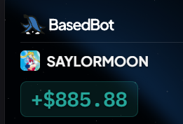 A trading screenshot displays "BasedBot" at the top, followed by "SAYLORMOON" with a positive gain of "+$885.88" highlighted in green. The image illustrates the user's enthusiastic post about jumping into the SAYLORMOON position early before its pump, capturing the profitable morning trade result.