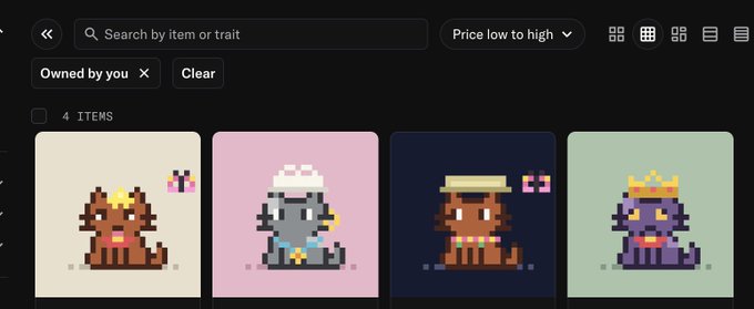 A dark marketplace interface displaying four pixel-art cat NFTs in different colored outfits, with '4 ITEMS' owned by the user and a 'Price low to high' filter active.