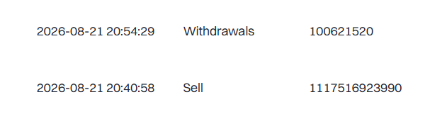 A digital ledger or trading record showing two transactions: a Withdrawal on 2026-08-21 20:54:29 for 100621520 and a Sell transaction on 2026-08-21 20:40:58 for 1117516923990.