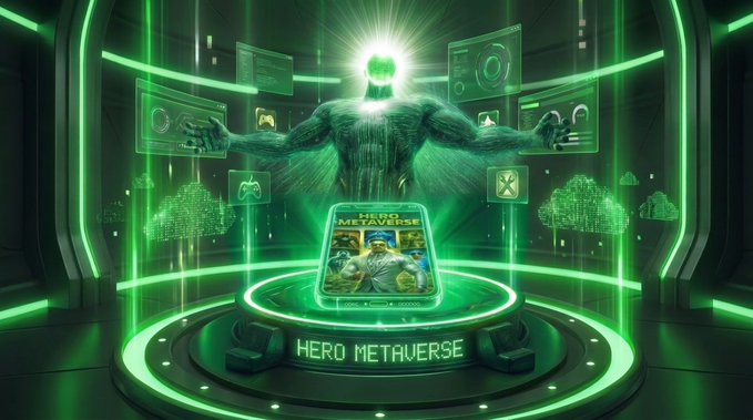 A glowing green digital illustration advertises 'HERO METAVERSE,' showing a muscular central figure surrounded by futuristic interface panels and game icons.