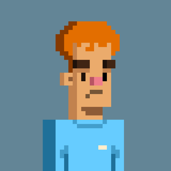 A pixel art portrait of a character with orange hair, brown sunglasses perched on their forehead, and a blue shirt against a gray background.