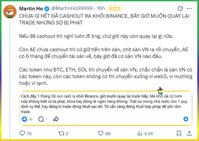 A Vietnamese tweet from user Martin Ho (@MartinHo99999) discussing cryptocurrency cashouts from Binance and a potential return to trading, with 9.2K views.