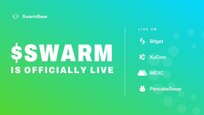 Green gradient promotional banner stating '$SWARM IS OFFICIALLY LIVE' showing the SwarmBase logo and listing live trading on Bitget, KuCoin, MEXC, and PancakeSwap.