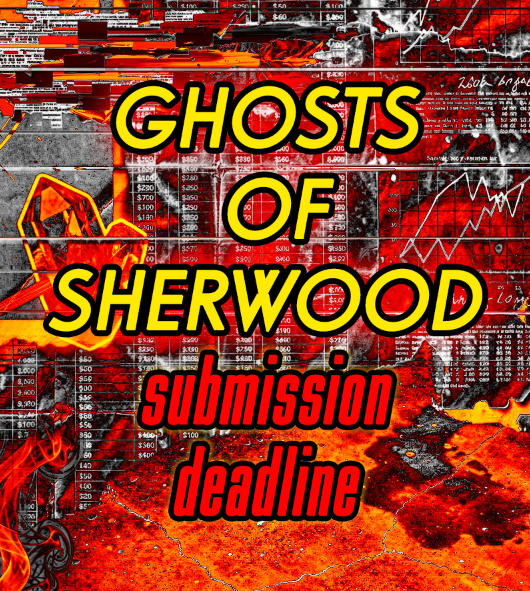 A fiery promotional graphic with bold yellow text reading "GHOSTS OF SHERWOOD" and red text announcing "submission deadline," set against a chaotic red-and-black background overlaid with stock market charts, financial data tables, and a falling Robin Hood figure. The urgent "last call" message in the post pairs with the image's dramatic visuals and "submission deadline" text to emphasize that the final 30 minutes for wallet submissions are running out at brutallyraw.xyz/ghosts/.