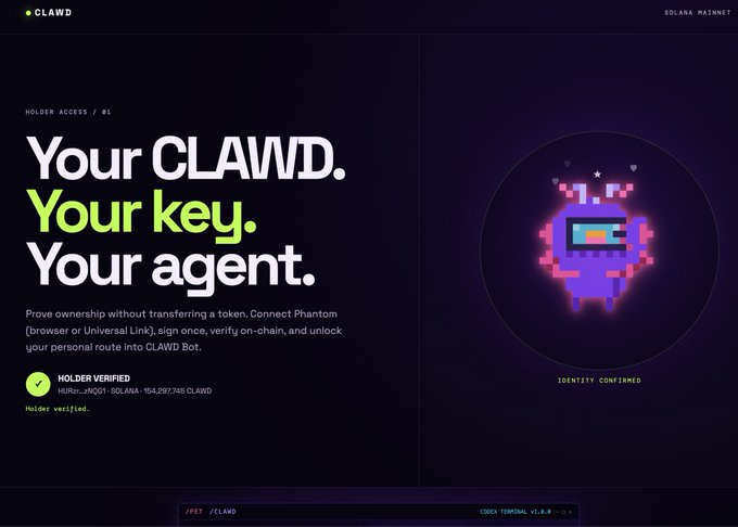 A website mockup for 'CLAWWD' on Solana Mainnet with the tagline 'Your CLAWWD. Your key. Your agent.' showing a verified holder status for 'Hunter' and a pixelated purple character.