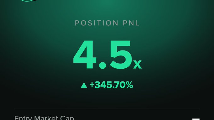 A dark green digital display showing 'POSITION PNL' with a value of '4.5x' and an upward arrow indicating '+345.70%' change, with 'Entry Market Cap' visible at the bottom.