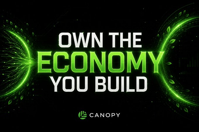 A dark promotional graphic with green glowing leaf-like circular designs on either side, displaying the text "OWN THE ECONOMY YOU BUILD" in large white and green letters, with the "CANOPY" logo at the bottom.