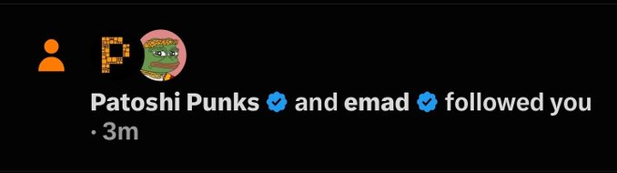 A Twitter/X notification showing that 'Patoshi Punks' and 'emad' followed the user, accompanied by a small crocodile avatar.