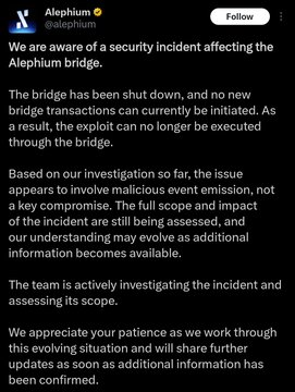 The image features a black screen displaying an email from Alephium, a company that specializes in cryptography, security, and network monitoring solutions. The email explains recent security incidents involving two bridges - one of which was shut down after being exploited by hackers who stole $10M+ worth of assets. The email also shares updates about the compromised networks and includes links to additional information such as the compromised systems, a screenshot that shows how the attack occurred, and instructions for what users can do in response to these incidents.