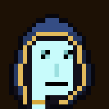 A pixel art portrait of a blue-skinned face with a blue and gold headpiece against a dark background.
