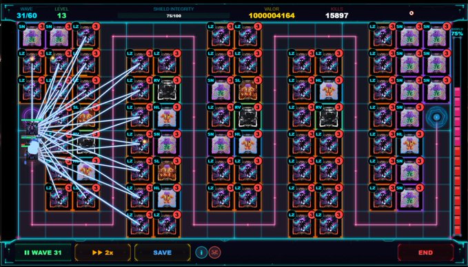 A screenshot of a tower defense game showing wave 31/60, level 13, with numerous connected units on a grid and a value of 10,000,004,164.