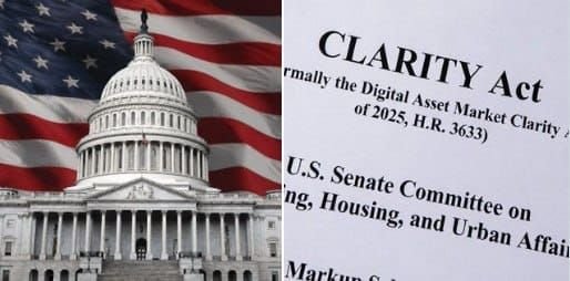 The image shows the U.S. Capitol building overlaid with the American flag next to a portion of the "CLARITY Act" (Digital Asset Market Clarity Act of 2025, H.R. 3633) document for the U.S. Senate Committee on Banking, Housing, and Urban Affairs, visually representing the Trump administration's push to pass crypto transparency legislation in September.