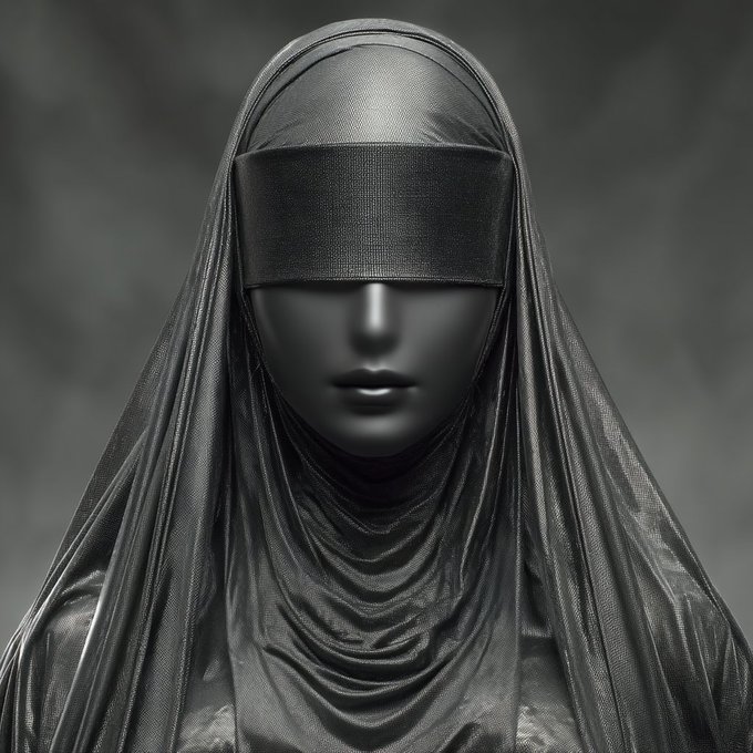 A striking monochromatic portrait of a figure completely covered in black fabric, including a blindfold obscuring the eyes, creating an enigmatic and sculptural appearance.