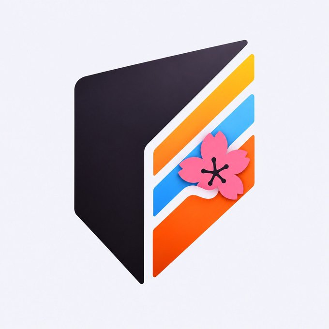 A 3D graphic shows a black geometric shape alongside colorful diagonal stripes in orange, yellow, and blue, accented with a pink cherry blossom flower.