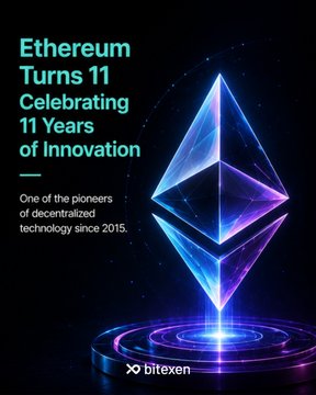A celebratory graphic marking Ethereum's 11th anniversary, featuring the Ethereum logo in glowing blue and purple against a dark background, with the headline "Ethereum Turns 11 — Celebrating 11 Years of Innovation" and a note highlighting it as "One of the pioneers of decentralized technology since 2015." The Bittrex logo appears at the bottom, tying the milestone commemoration to the post's tribute to Ethereum's builders and community.