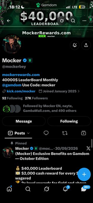 A smartphone screenshot shows the X profile "Mocker" (@mockerbcy), promoting "40000$ Leaderboard Monthly" on Gamdom and a "$40,000 Leaderboard" reward.