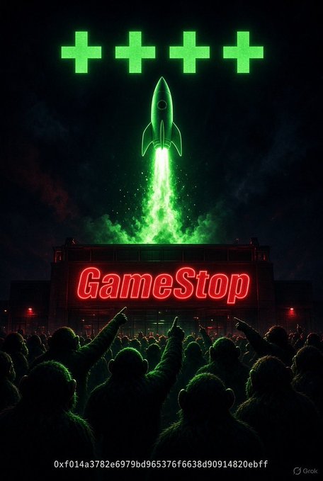 A meme-style illustration showing a crowd of monkey-headed figures cheering as a rocket launches from a GameStop building, with four green plus signs above and a crypto address at the bottom.