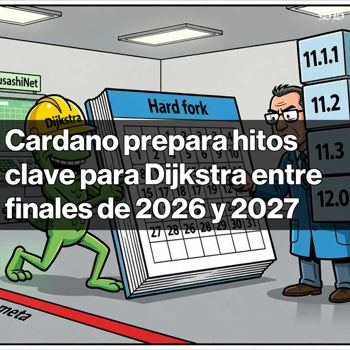 A cartoon illustration depicting Cardano's hard fork 'Dijkstra' with a calendar and version blocks (11.1.1, 11.2, 11.3, 12.0), with Spanish text: 'Cardano prepara hitos clave para Dijkstra entre finales de 2026 y 2027'.