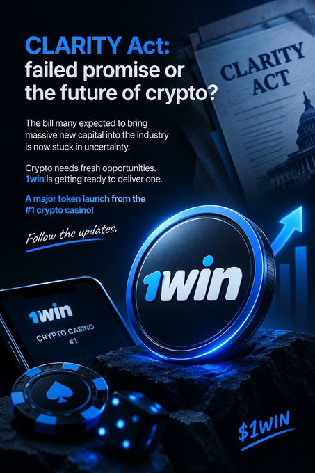 A promotional graphic for 1Win crypto casino asks "CLARITY Act: failed promise or the future of crypto?" featuring a 1Win token, a CLARITY ACT document with the US Capitol, and a smartphone displaying the 1Win app.