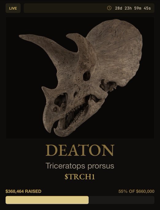 A crowdfunding campaign page for 'DEATON,' a Triceratops prorsus skull fossil, showing $368,464 raised (55% of $660,000 goal) with the ticker $TRCH1 and 28 days remaining.
