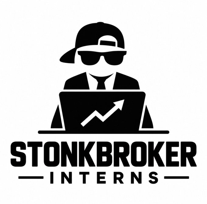 A black and white logo featuring a stylized figure wearing a cap and sunglasses behind a laptop showing an upward arrow, with the text 'STONKBROKER INTERNS'.