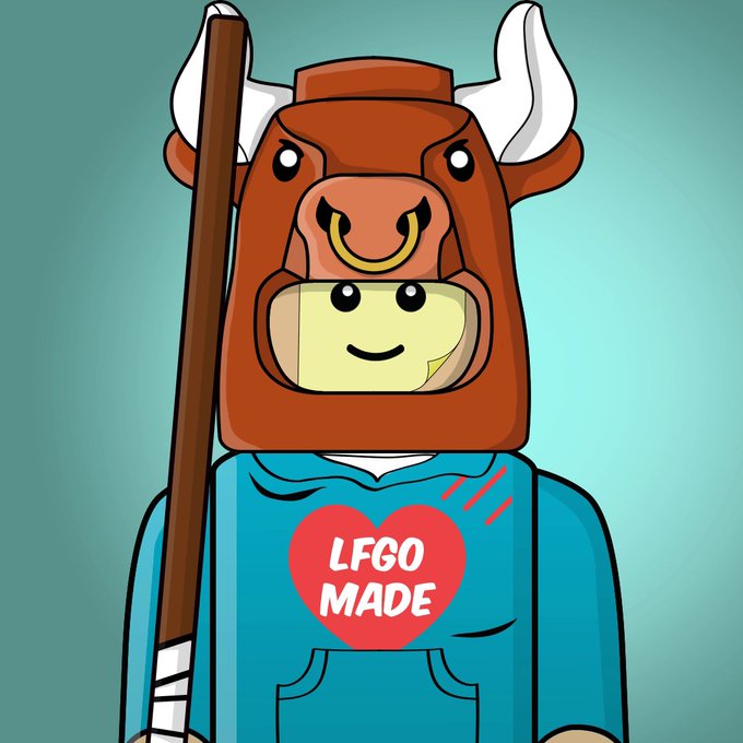 A cartoon illustration features a character wearing a brown bull costume hood and a teal hoodie with a red heart that reads 'LFGO MADE', holding a wooden stick.