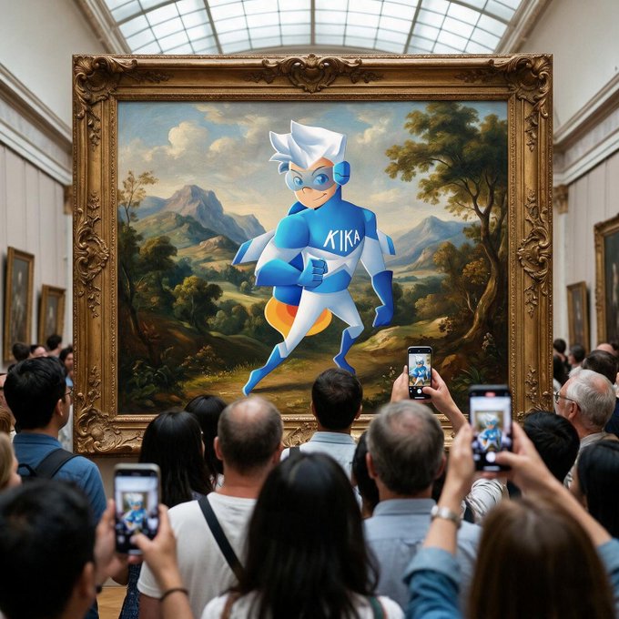 A crowd of visitors in a grand art gallery eagerly photographs a large, ornately framed painting that humorously depicts a blue-and-white anime-style superhero figure labeled "KIKA" against a classical landscape backdrop, parodying the prestigious "Kikabet" meme contest with a $100 USDT top prize. The image creatively merges fine art aesthetics with meme culture to promote the @Kikabetcom contest using #kikabet.