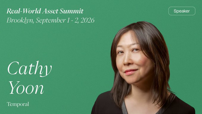 A promotional graphic for the Real-World Asset Summit in Brooklyn (September 1-2, 2026) featuring speaker Cathy Yoon from Temporal, set against a green background.