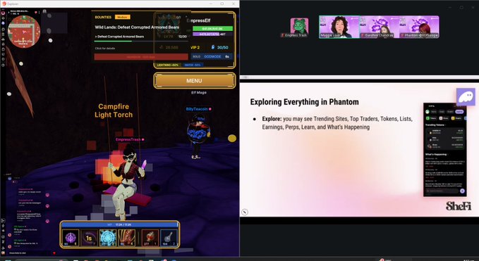 The image is a split-screen video call showing someone playing Decentraland (a 3D virtual world game featuring a "Campfire Light Torch" and a "Defeat Corrupted Armored Bears" quest) on the left, alongside a SheFi presentation titled "Exploring Everything in Phantom" on the right. This illustrates the user's humorous post about playing Decentraland during a SheFi scholarship class, since Decentraland sponsors their SheFi scholarship program.