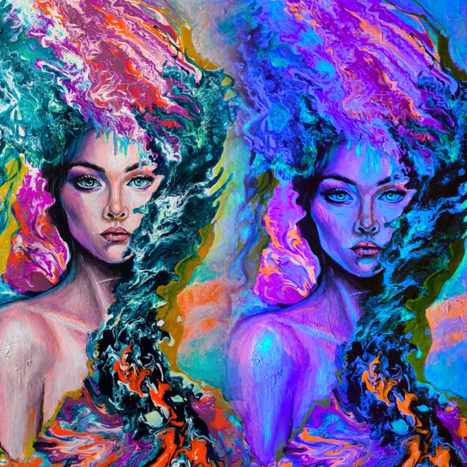 A vibrant, psychedelic digital painting of two identical female faces with flowing, multicolored hair in shades of blue, purple, red, and green.
