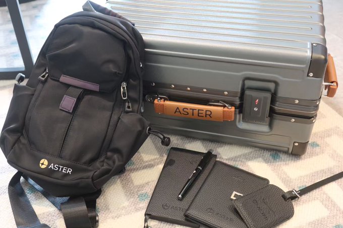 An ASTER branded travel setup including a black backpack, gray hardshell suitcase with leather handle, and black leather notebook with pen on a patterned surface.