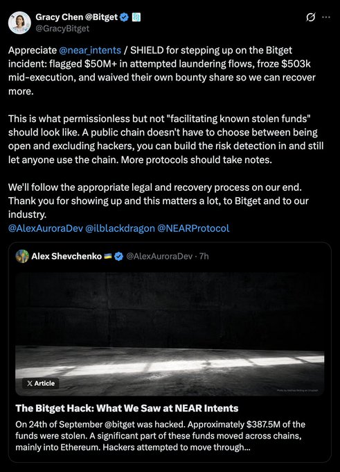 A screenshot of a tweet from Gracy Chen (@GracyBitget) thanking @near_intents and SHIELD for flagging $50M+ in attempted laundering flows from the Bitget hack, freezing $503k mid-execution, and waiving their bounty share. The image also includes a quoted post from Alex Shevchenko (@AlexAuroraDev) discussing "The Bitget Hack: What We Saw in NEAR Intents," relating directly to the accompanying post about NEAR Intents blocking the hacker's attempted fund movements.