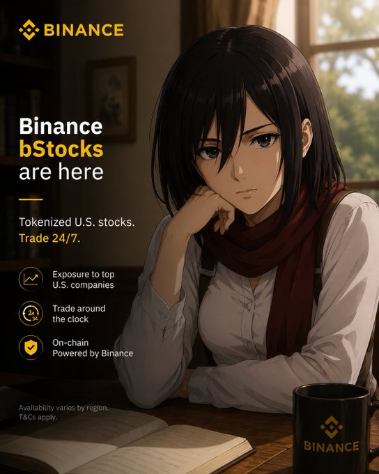 A Binance advertisement featuring an anime-style woman with a mug, promoting "Binance bStocks are here" for tokenized U.S. stocks trading 24/7.