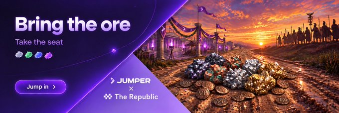 A promotional banner for 'Bring the ore - Take the seat,' a collaboration between JUMPER and The Republic, featuring colorful jewels, coins, and figures against a sunset landscape.
