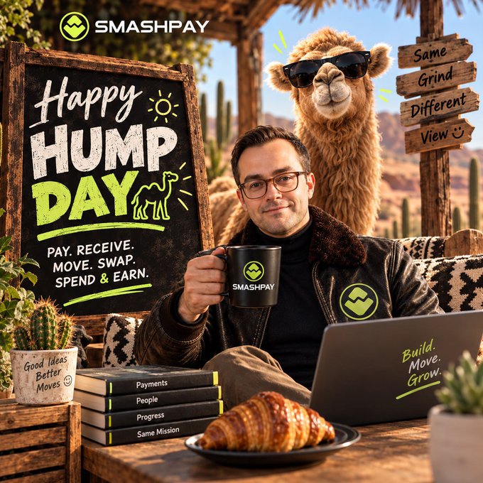 A promotional image for SmashPay featuring a man in glasses and a leather jacket holding a branded mug, with a smiling camel wearing sunglasses behind him. The image includes a chalkboard reading 'Happy Hump Day - Pay. Receive. Move. Swap. Spend & Earn,' along with text like 'Same Grind, Different View,' 'Build. Move. Grow.,' and book spines labeled 'Payments,' 'People,' 'Progress,' and 'Same Mission.'